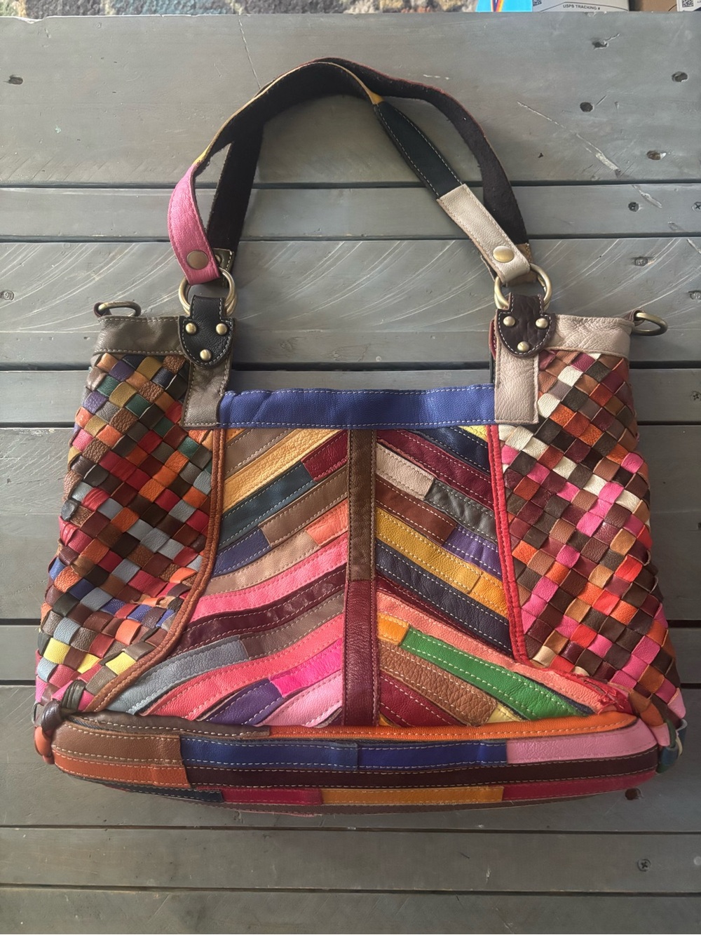 Amerileather Multicolor Woven Leather Tote Bag - Vibrant Patchwork Design